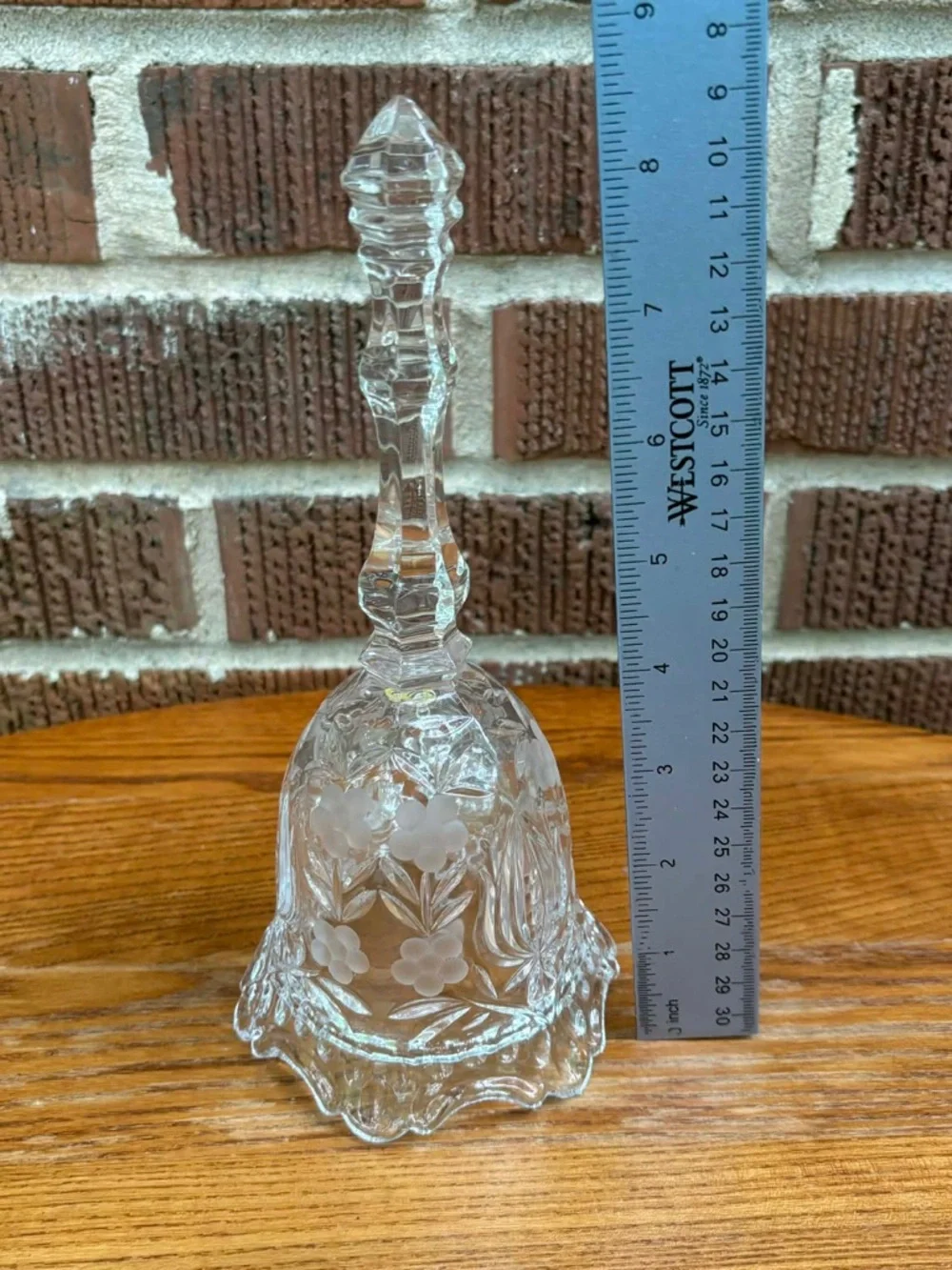 Vtg Bohemian Clear Cut Crystal Dinner Bell Etched Flowers Scalloped Edge 8.5”